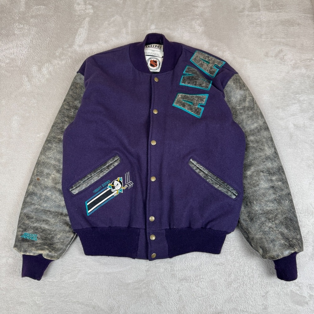 VTG Delong NHL Mighty Anaheim Ducks Jacket Mens L Purple Preowned Wool Leather
